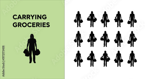 Minimalist vector illustration featuring multiple black silhouettes of a person carrying many heavy grocery store bags