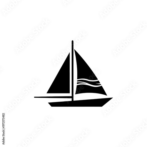 A striking black sailboat graphic with sharply angled sails cuts through wavy lines a silhouette