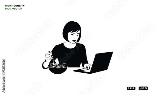 A woman eating and working on her laptop in a modern workspace