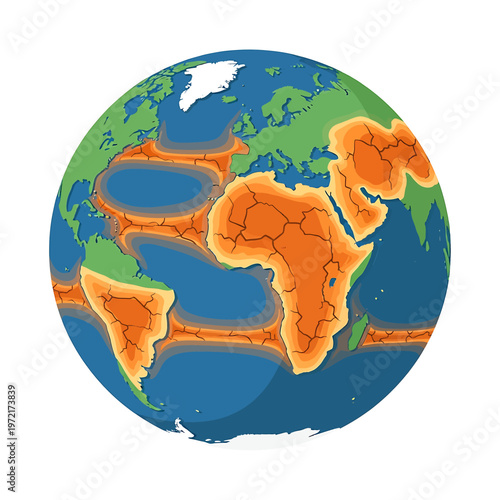 Earth Globe with Orange Tectonic Plates.
