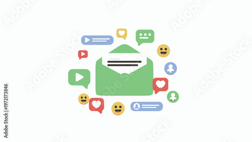 Green Envelope Surrounded by Social Media Icons, Notifications, and Messages.