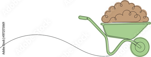 Wheelbarrow with soil. Farming and agriculture. Continuous line drawing.