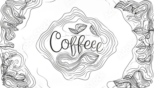 Artistic coffee illustration with leaf design and decorative elements.