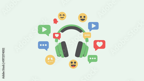 Headphones Surrounded by Social Media Icons Representing Music and Communication.