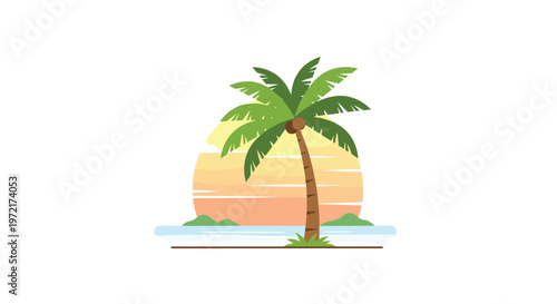 A solitary green palm tree stands tall against a warm striped sunset over a calm tropical ocean with small distant green island mounds in the background.