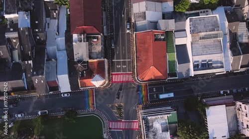 Drone footage Aerial view of Phuket Old Town night market at sunset, in Phuket, Thailand  Sino-Portuguese Architecture The morning is sunny, the weather is nice, and it's a nice place to visit.