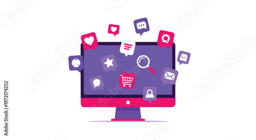 A vibrant purple and pink desktop computer monitor is surrounded by a multitude of floating social media notification bubbles and shopping icons online.