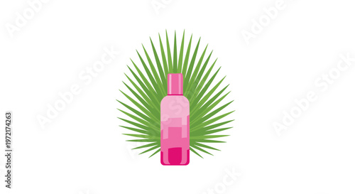 A vibrant pink gradient cosmetic bottle is perfectly centered against a large symmetrical green palm leaf creating a fresh and tropical product display.
