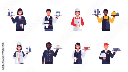 Diverse Hospitality Staff Serving Food & Drinks. Professional waiters, chefs, and hotel crew holding trays. Restaurant and service industry team.