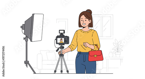 A cheerful woman in a vibrant yellow top holds a red purse while standing before a professional camera and softbox lighting in her living room studio.