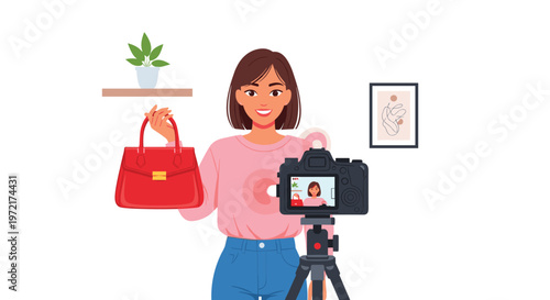 An elegant female influencer in a soft pink sweater proudly displays a luxury red handbag while recording a high-definition fashion review for her vlog.