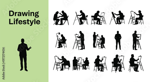 Set of black vector silhouettes showcasing various people actively engaged in creative drawing and artistic activities