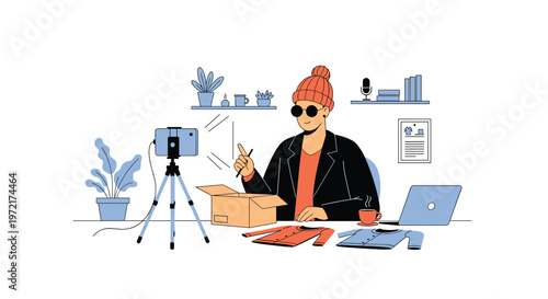 A stylish content creator wearing an orange beanie and dark sunglasses meticulously records an unboxing video for his social media channel in a home studio.
