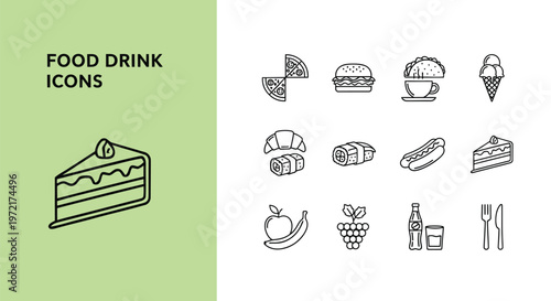 Set of creative black and white vector icons representing various popular food and drink menu items
