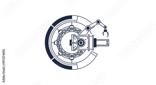 Intricate Mechanical Robotic Arm and Wheel Design on White Background.