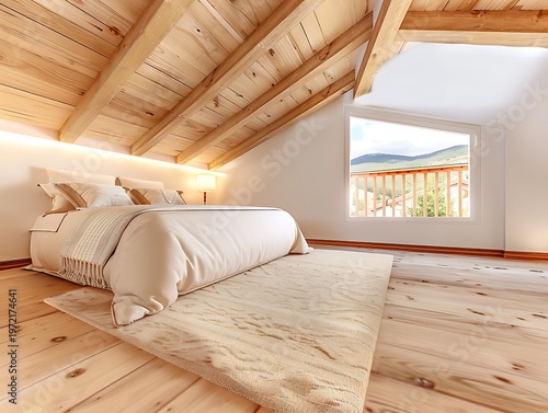Cozy modern bedroom with wooden beams, bright natural light, and plush bedding in serene mountain setting