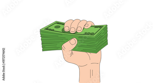 A detailed illustration shows a hand clutching a substantial pile of green paper money bills with visible edges against a clean white background setting.