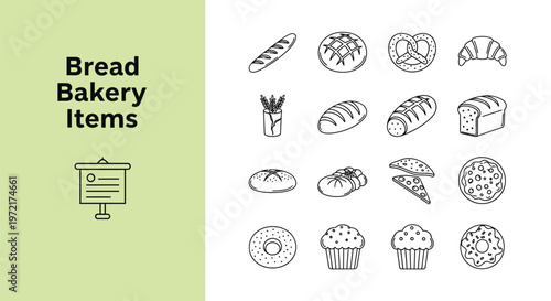 Comprehensive vector illustration of various bread and bakery item icons perfect for food and restaurant designs.