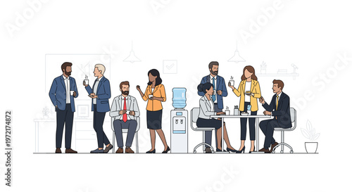 Several office employees gather around a central water cooler and a small breakroom table while enjoying coffee and casual conversation in a bright setting.