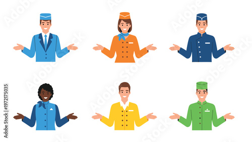 Diverse Hotel Staff Characters in Uniform with Welcoming Gestures - Hospitality Team Avatars