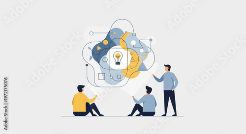Collaborative Team Problem Solving and Innovative Thinking Concept with Abstract Data Visualization and Light Bulb Icon