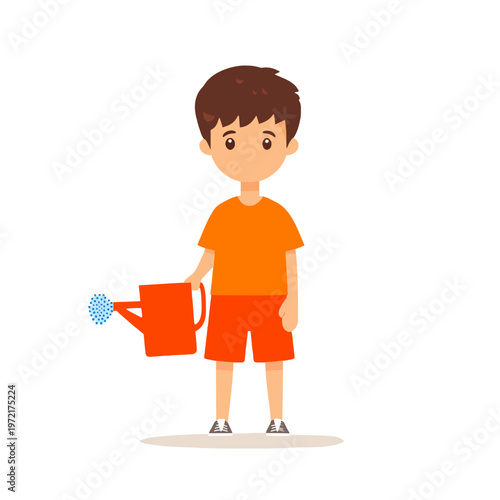 Boy Watering Plants, Cartoon Character, Isolated. Child gardener holding watering can for the garden. Cute kid illustration on white backdrop. Cartoon character design for kids.