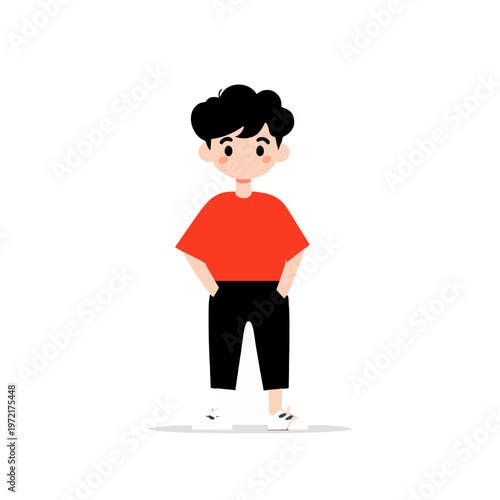 Cartoon Boy Character. Kid Isolated Standing Posing. Happy Child with Hands in Pockets. Full Body Illustration. Cute Young Model on White Background. Vector Style Design. Minimalist Style Art