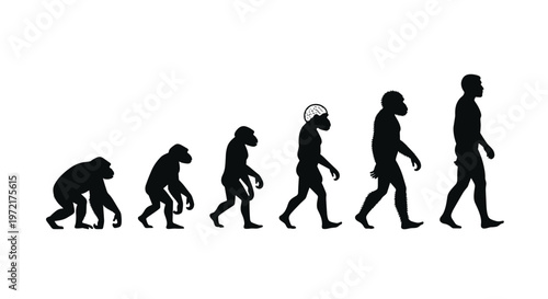 A stark black silhouette sequence illustrates the biological evolution of mankind from a primitive primate ancestor to a fully upright and modern walking human.