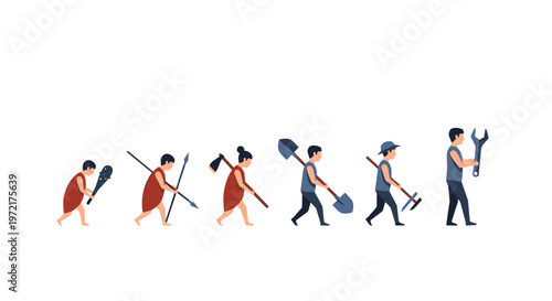 A horizontal progression of six human figures demonstrates the evolution of tools from primitive stone clubs to sophisticated modern industrial mechanical wrenches.