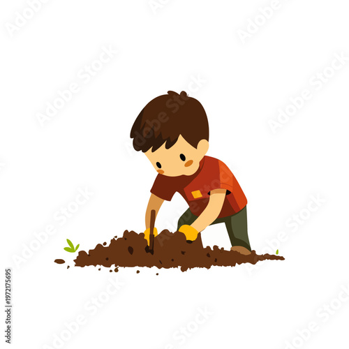 Boy Gardening Plants Soil Growing, little gardener digging, planting seedling. Spring gardening, happy child working with soil. Eco-friendly. Cartoon Vector Illustration isolated on white.