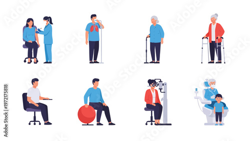 Healthcare and Medical Services Illustrations. Diverse patient care, doctor visits, examinations, therapy & senior health.