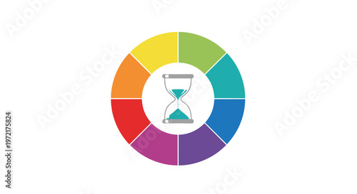 A minimalist glass hourglass filled with teal sand sits at the center of a vibrant divided color wheel against a clean and bright white background.