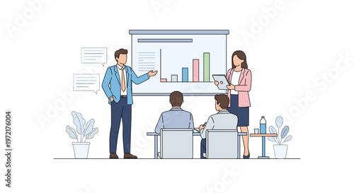 A professional male presenter in a sharp blue suit explains a colorful bar graph on a large screen to a group of four attentive business colleagues.