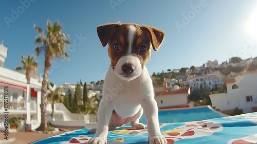 Playful puppy on colorful beach towel with palm trees and bright blue sky in sunny outdoor setting, capturing joy and innocence of pet life