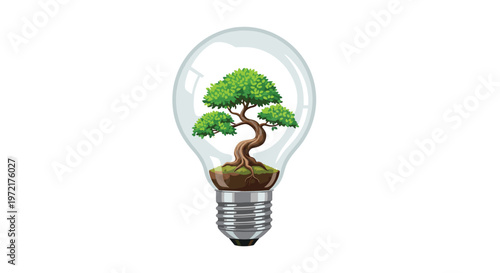 An upright incandescent lightbulb serves as a glass terrarium for a meticulously shaped bonsai tree with a twisted trunk and vibrant green leaf clusters.