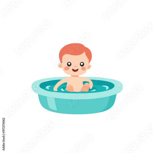 Baby Bath Time, Happy Child in Tub. Toddler Washing, Kid in Water, Hygiene. Cute Cartoon Boy, Joyful, Innocence. Playful Bubble Bath Illustration for Children's Products and Designs (200)