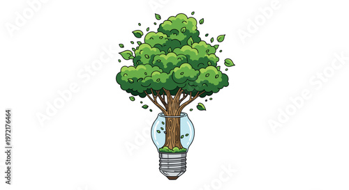 A vibrant green deciduous tree with a sturdy textured trunk emerges gracefully from a transparent glass lightbulb base set against a pristine white background.