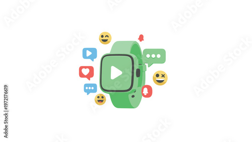 Green Smartwatch with Social Media Icons and Emojis.