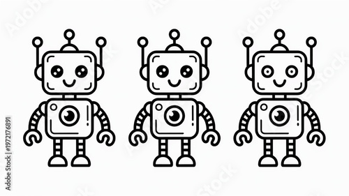 Three cute robot characters simple line art illustration for technology and AI concepts isolated on white background