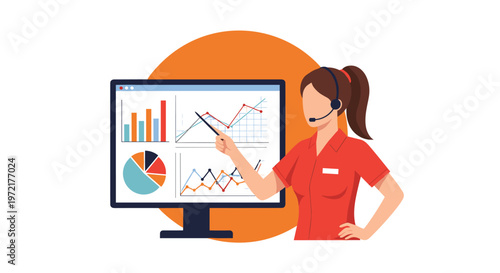 A focused female business analyst wearing a headset points toward a large computer monitor displaying diverse colorful data visualizations on an orange background.