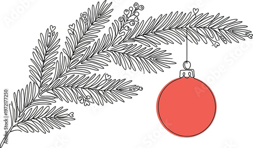 Christmas ball on christmas tree. Continuous line drawing.