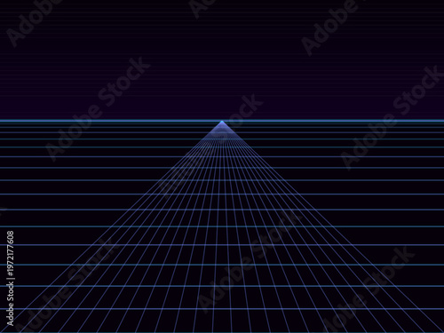 Cyberpunk Neon Wireframe Grid Landscape Futuristic Vector Art