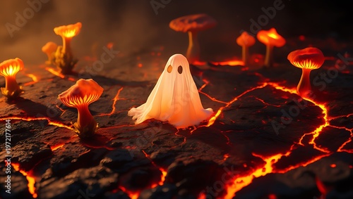 Wallpaper Mural A cute white ghost stands among glowing fantasy mushrooms and fiery lava cracks in a mystical underworld scene Torontodigital.ca