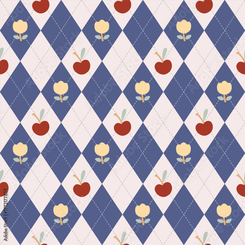 фотографія Cute red cherry and flower on a tartan seamless pattern