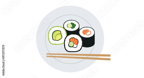 Delicious Sushi Rolls on a Plate with Chopsticks.