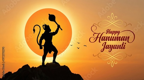 Silhouette of lord hanuman holding a mace standing on a mountain peak against a large orange sun with happy hanuman jayanti text and decorative flourishes