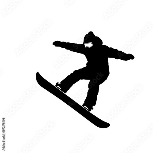 Dynamic silhouette of a snowboarder performing a mid-air trick on a snowy slope