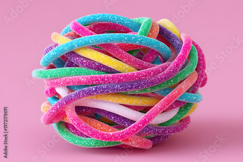 Colorful tangled ball of multi-colored sugar-coated gummy strings and sour candy laces arranged in a sphere, isolated on a bright pink background, perfect for sweet food and snack themes.
