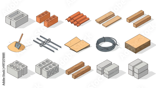 Construction Materials Isometric Icons Set.