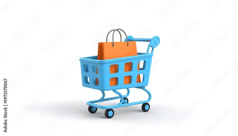 Fototapeta premium 3D Blue Shopping Cart with Orange Paper Bag Isolated on White Background for E-commerce and Online Retail Store Concept